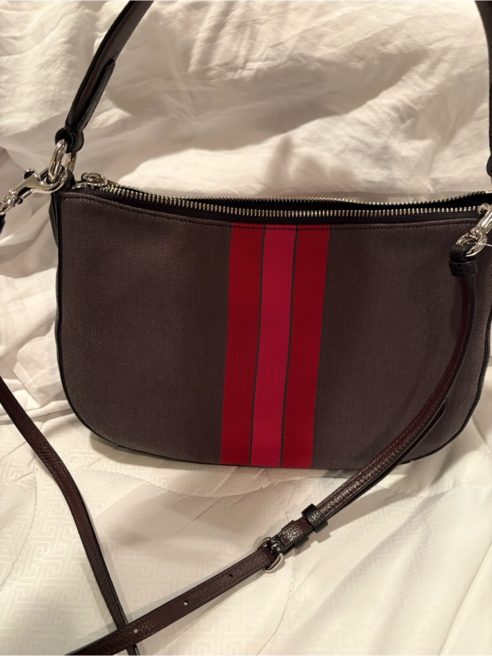 Coach Horse and Carriage Jacquard Sutton Crossbody Bag Pink & Red Center Stripe - Picture 9 of 16